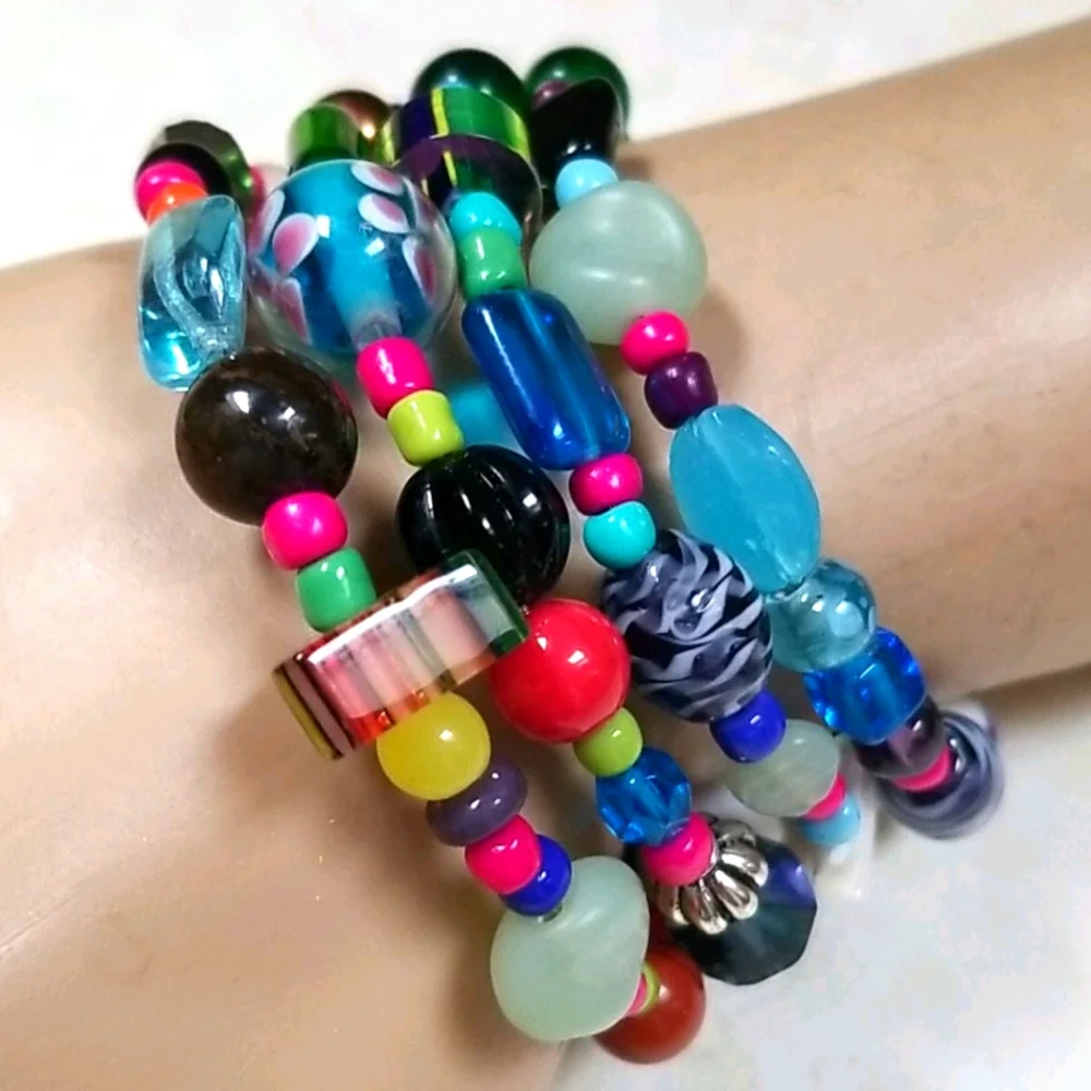 Hand Crafted Vintage Glass and Turquoise and Semi-precious Bead Wrap Bracelet - Picture 12 of 16